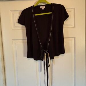 LOFT Black Short Sleeve Tie-Front Blouse